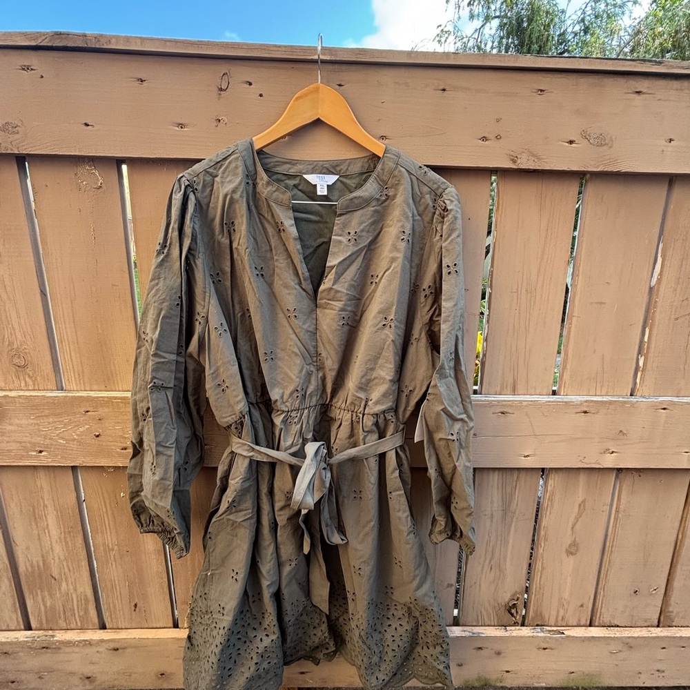 Time and Tru Olive Eyelet Long Sleeve Belted Dress